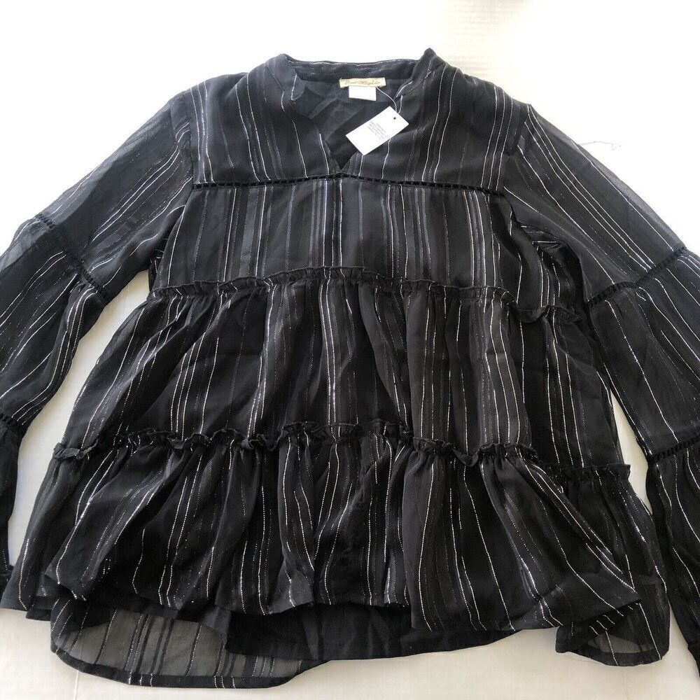 Sweet Magnolia Black Silver Metallic Stripe Long Sleeve Blouse Sz M New A3350